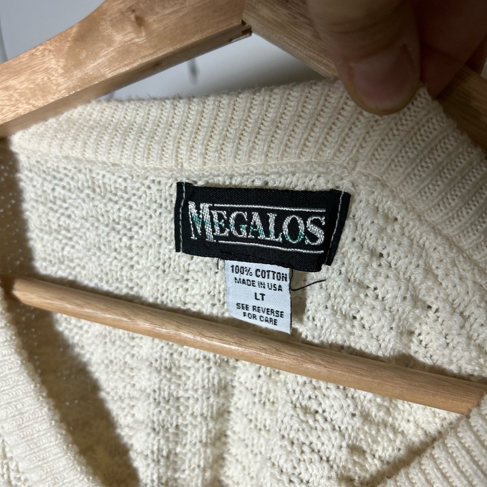 Megalos Cream Men’s V-Neck Sweater, 100% Cotton, Large+Tall - Picture 2 of 5
